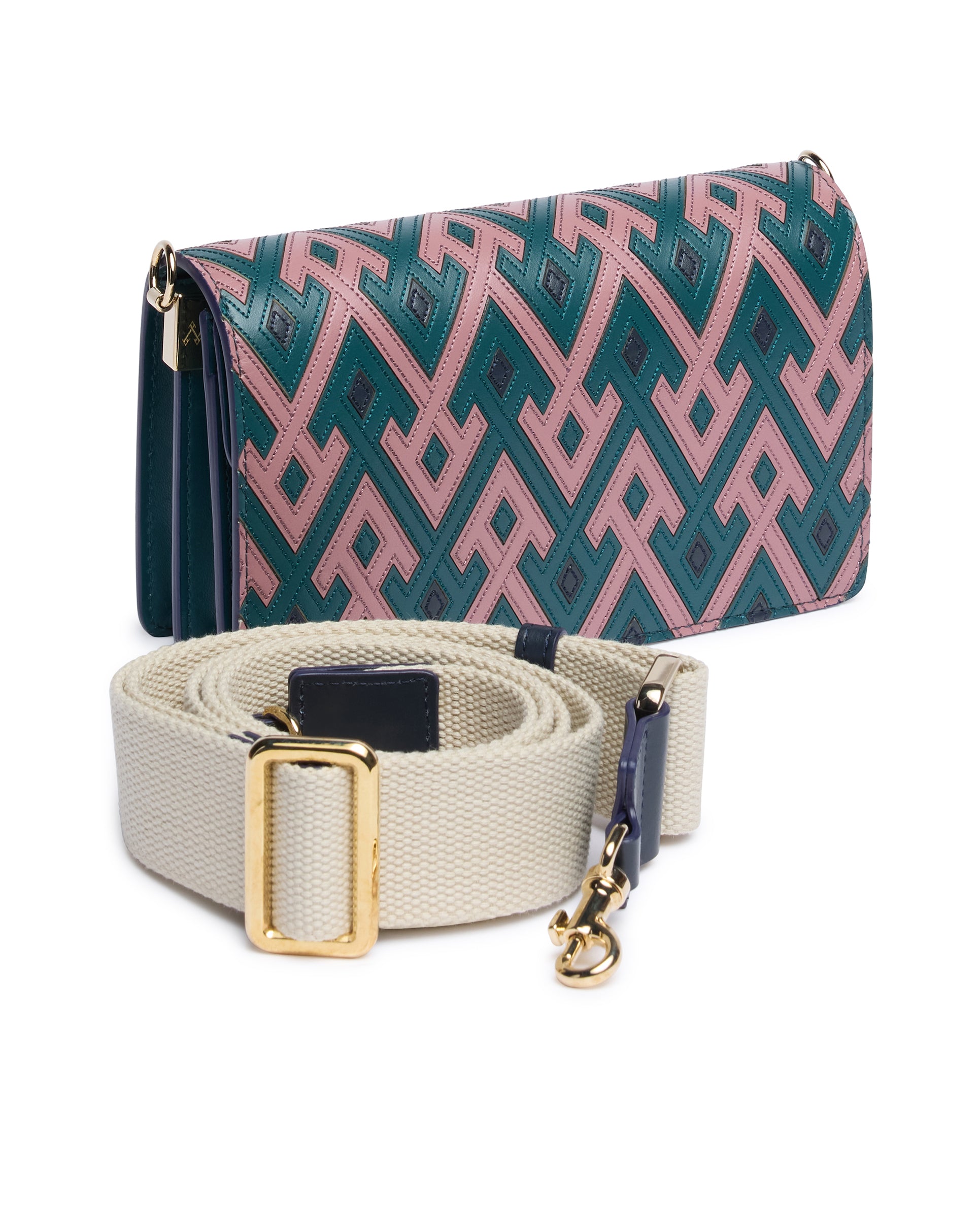 Multicolour Intarsia Leather Bag with Detachable Canvas Strap